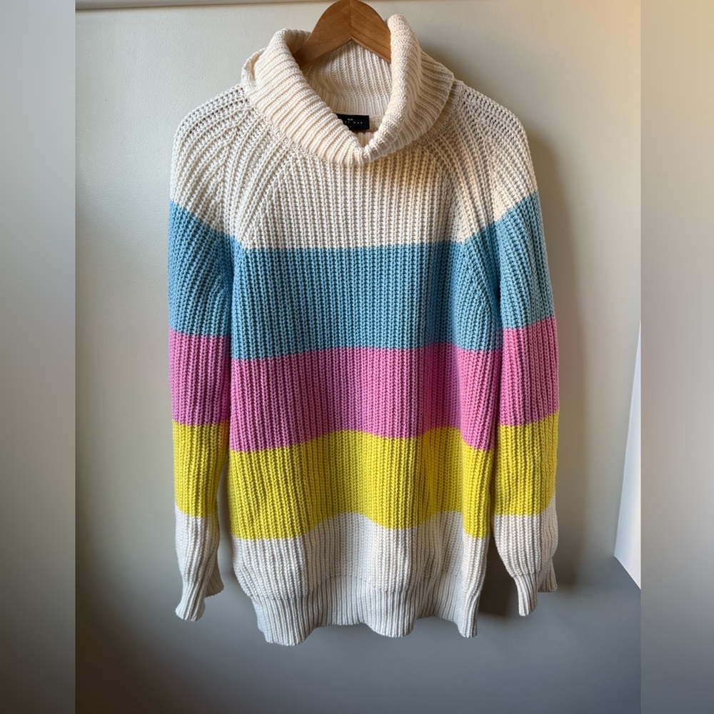 LAZY OAF Oversized Striped Turtleneck Sweater Rainbow Chunky Ribbed Thick S
